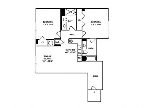 Floor plan for 2 beds, 2 baths, 970 sqft